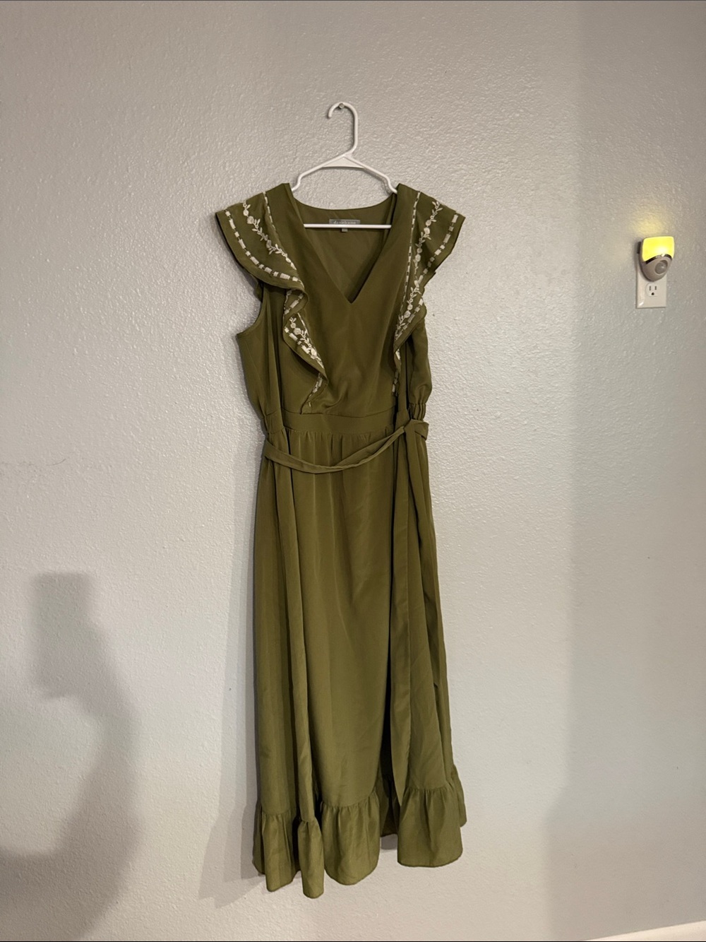 Daniel Rainn Olive Green Ruffle-Trim Maxi Dress